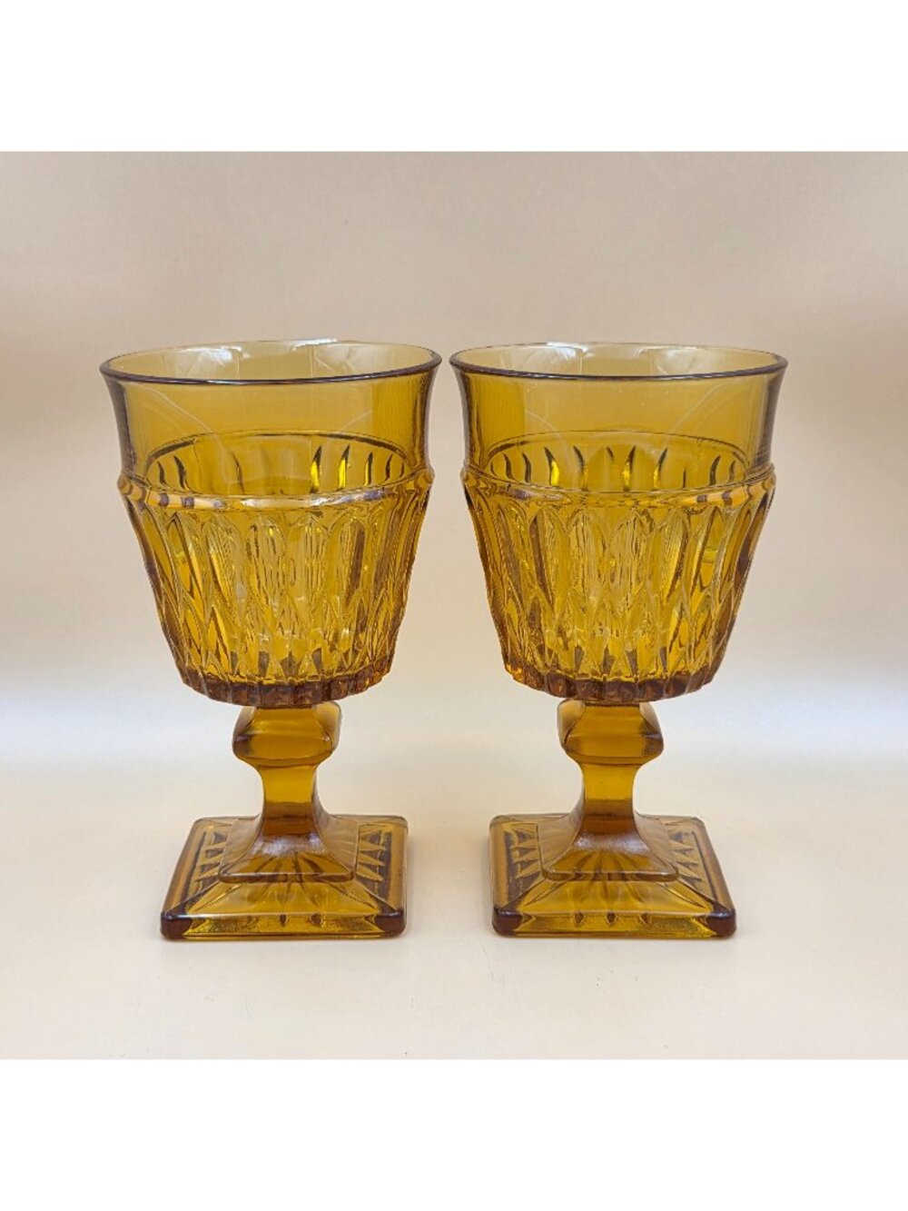 Indiana Glass Mt Vernon Amber Water Goblets Set of 2 Vintage Footed Glass
